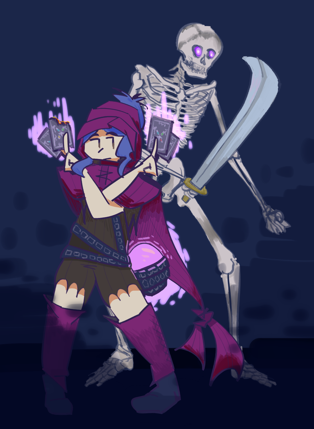 helena and a skeleton from lost kingdoms. helena is wielding four cards between her fingers on both hands, with one card being burnt up by purple flame. the skeleton that towers behind her has purple glowing eyes and a sabre-like sword in its hand. the background is dark blue, with even darker blue fog on the bottom.